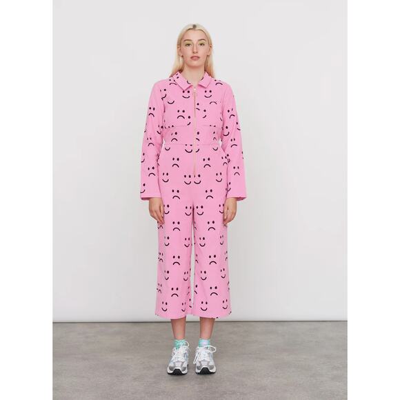 NWT Lazy Oaf Pink Happy Sad Smiley Face Cord Corduroy Coverall Jumpsuit Size 4 - Picture 1 of 5